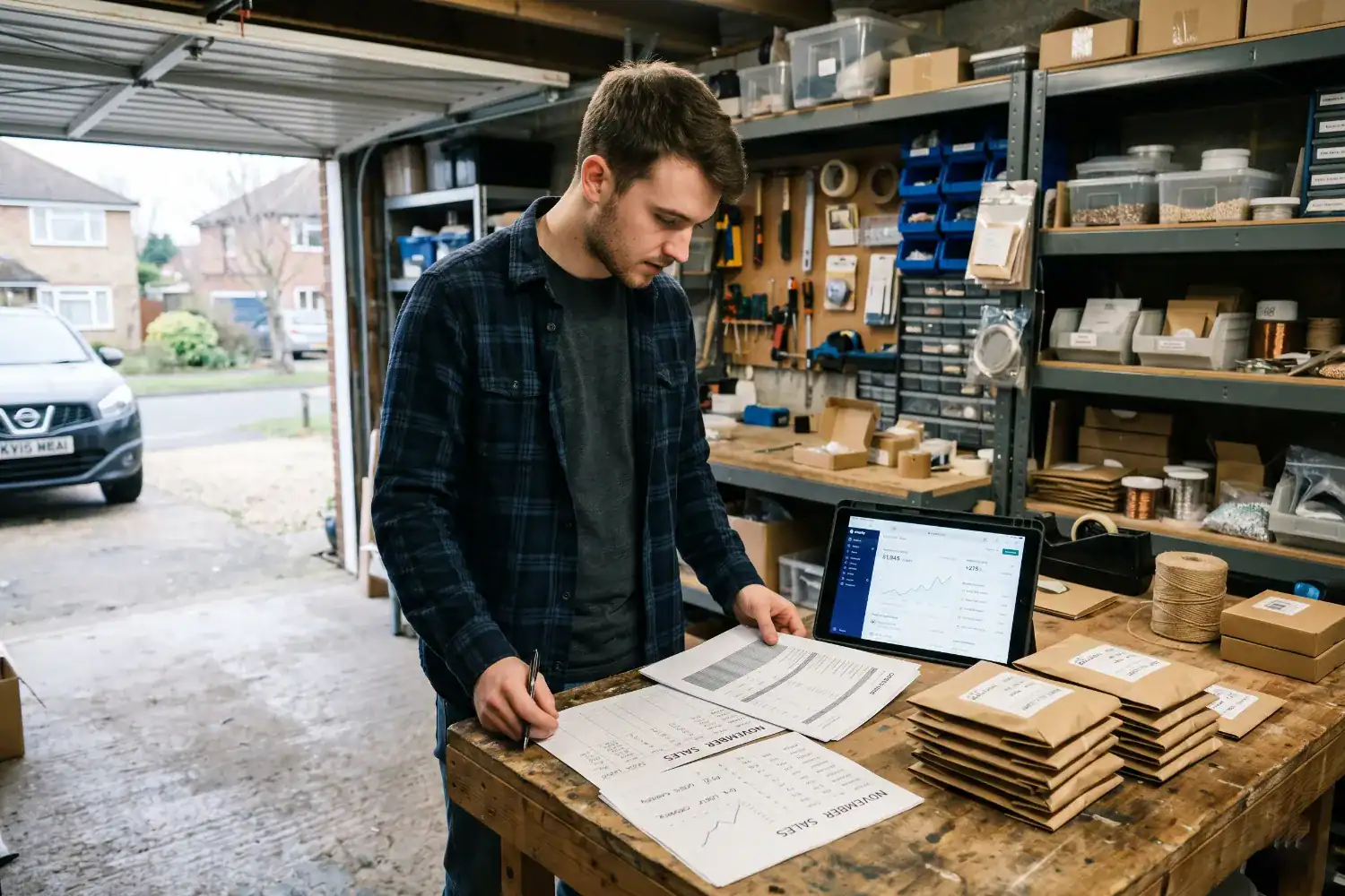 A young man stands in a garage workspace while reviewing papers and checking a tablet with sales data. Boxes and jewellery supplies are arranged around him in a practical and busy setting.