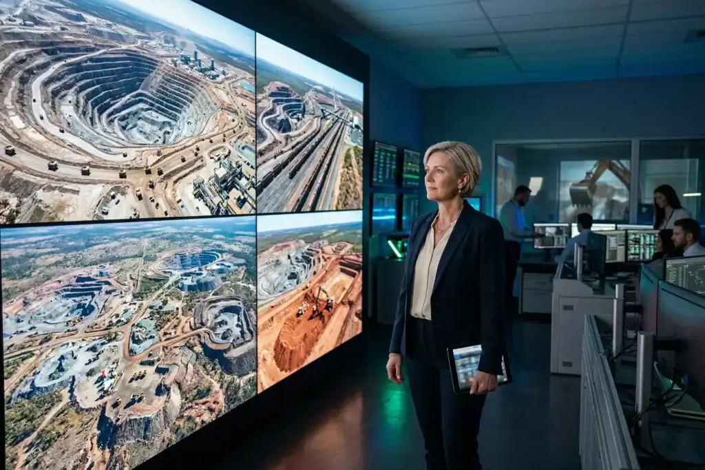 A woman stands in a control room and looks at a large digital wall that shows several mining sites in operation. Other workers sit at stations in the background while the screens display heavy equipment and excavation areas.