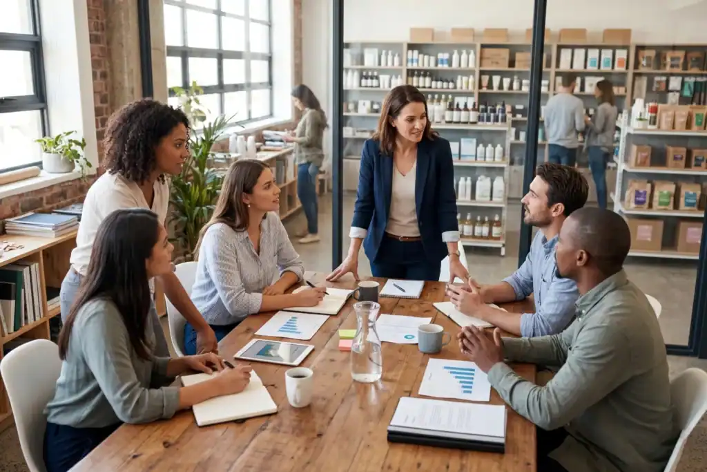 A woman leads a team discussion around a table in a bright workspace while several men and women review notes and charts. Shelves of products and a retail area appear in the background.