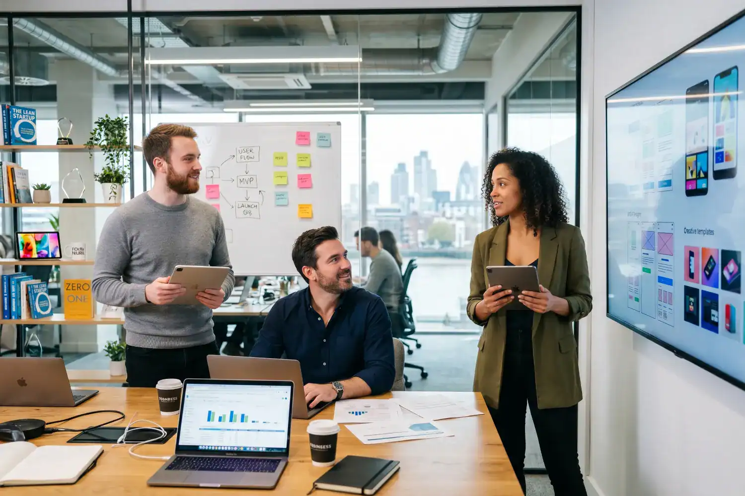 A man and a woman stand with another man in a modern office while they review designs on a large digital screen. The space has bright light, computers, and a city view through wide windows.
