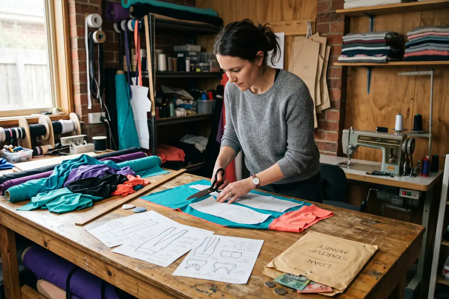 A woman stands at a workbench covered with colourful fabric and paper patterns. She cuts fabric with scissors in a simple home studio filled with sewing tools.