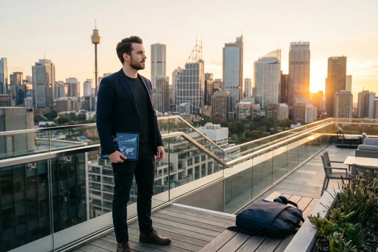 A young man stands on a rooftop and looks over a city skyline while holding a tablet with business data. The morning light casts a warm glow across the buildings and his focused expression.