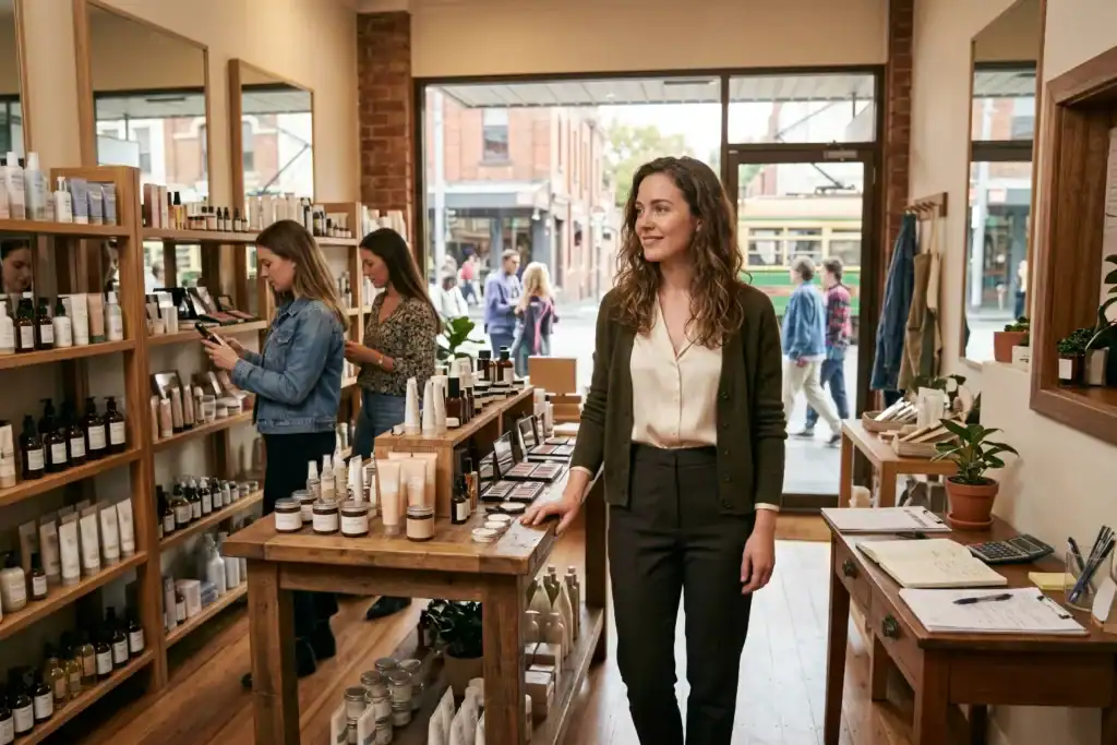 A woman stands inside a beauty shop with neatly arranged products from different brands on open shelves. Two women browse calmly in the background while the space looks warm and well organised.
