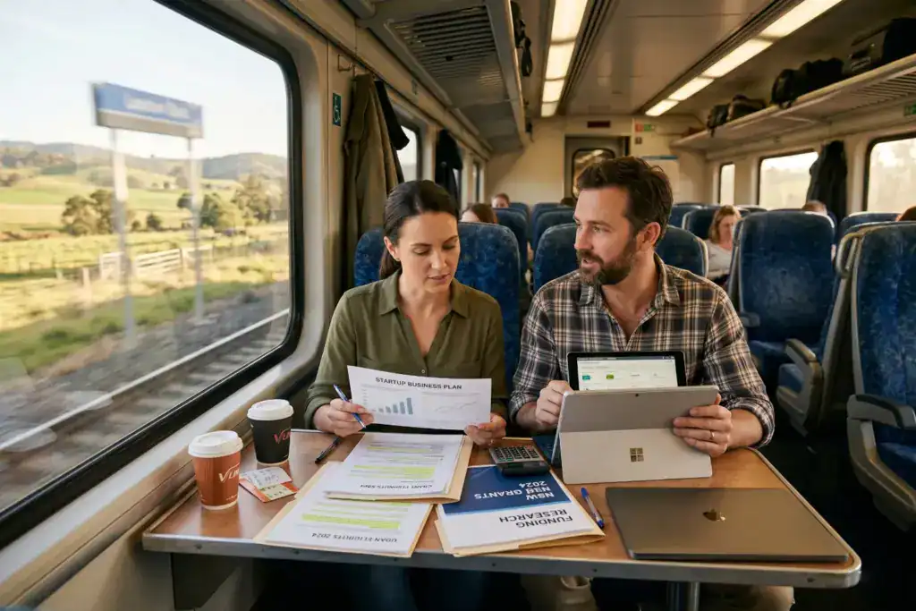 A man and a woman discuss startup funding and grant applications while travelling through regional New South Wales by train. The image shows how to start a small business in australia with realistic funding research and long-distance travel.