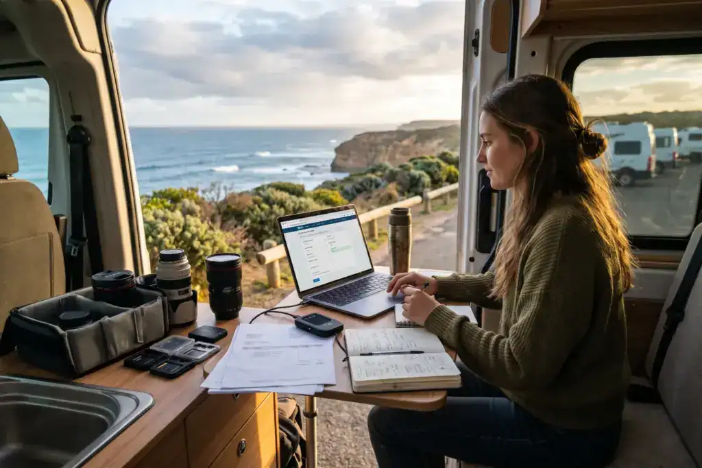 A freelance photographer sits inside a camper van with camera equipment, invoices, and registration documents beside her laptop. The realistic coastal setting shows a creative professional preparing to operate a registered business legally.