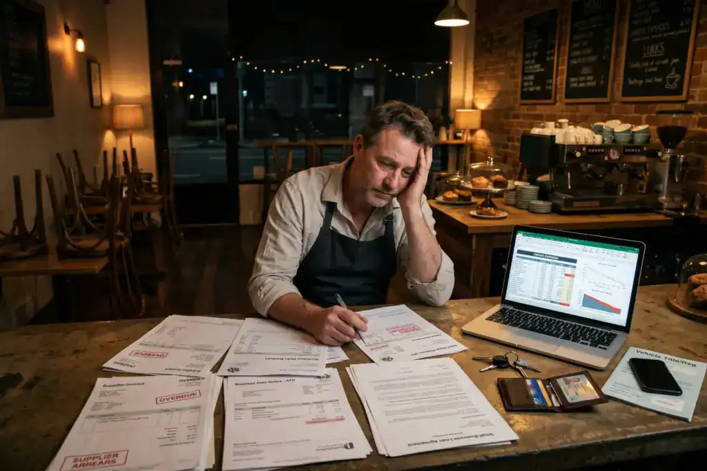 A café owner studies unpaid invoices and financial paperwork after closing his small business for the night while comparing a sole trader or company setup. Coffee equipment, empty tables, and personal belongings surround him in the realistic café interior.