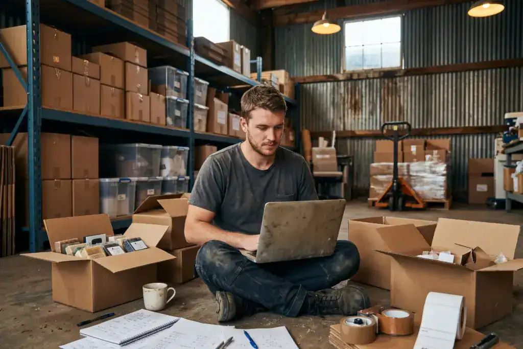 A young entrepreneur sits in a warehouse space with inventory boxes, packaging supplies, and financial paperwork beside his laptop. The realistic environment shows the pressure and preparation involved in building a small business.