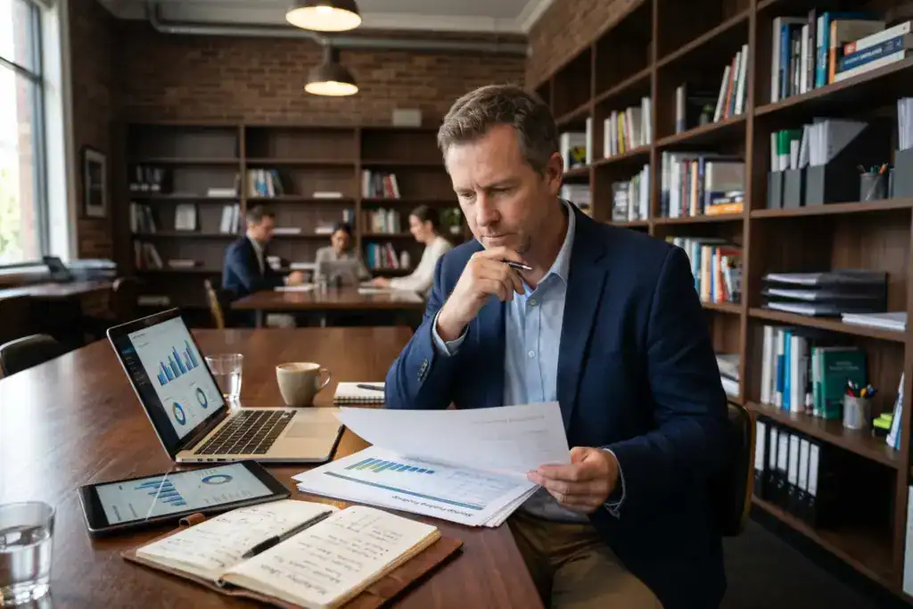A man reviews startup budgets and funding papers inside a professional coworking space in Adelaide. The realistic scene shows careful preparation before launching a new Australian business.