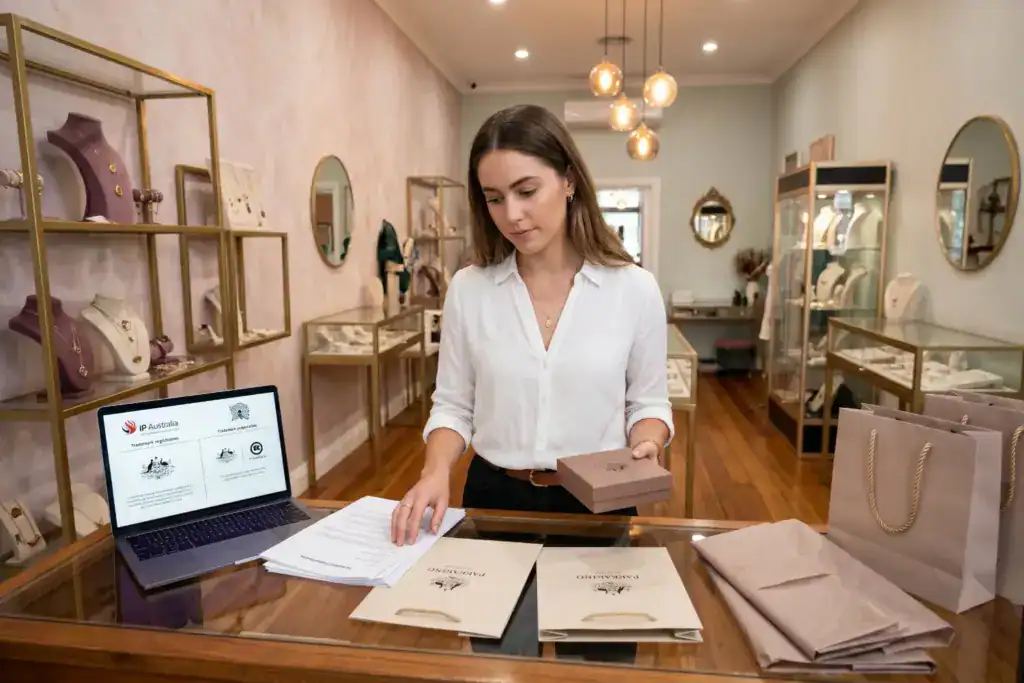 A jewellery designer stands inside a boutique shop while she compares packaging designs and trademark paperwork on a laptop. The realistic retail scene explains how to register a business name in australia and why trademark protection matters for branding.