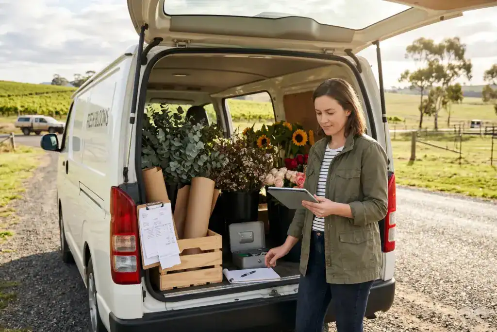 A woman updates invoices and expenses inside a flower delivery van parked in regional Victoria. The realistic scene captures the financial organisation required to run a small Australian business successfully.
