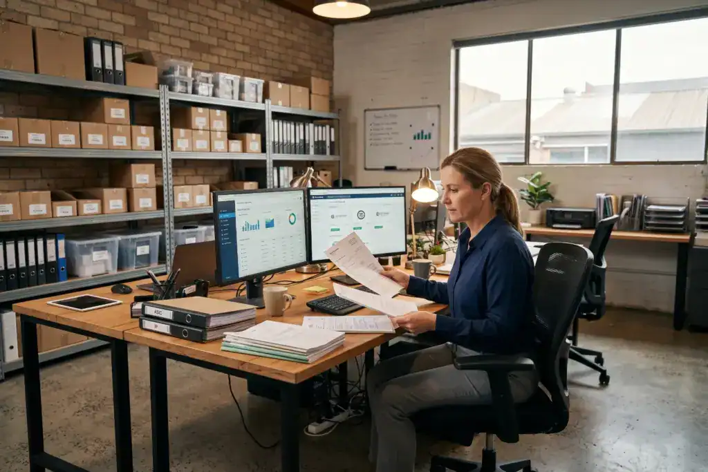 A woman works through registration and trademark paperwork inside a Sydney warehouse office with organised business supplies around her. The realistic image shows an Australian entrepreneur preparing the legal foundations for a new company.