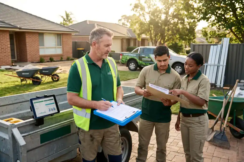 A landscaping business owner reviews onboarding paperwork with new workers beside a utility trailer at a suburban job site. The realistic outdoor scene captures the practical steps required before employees begin work.