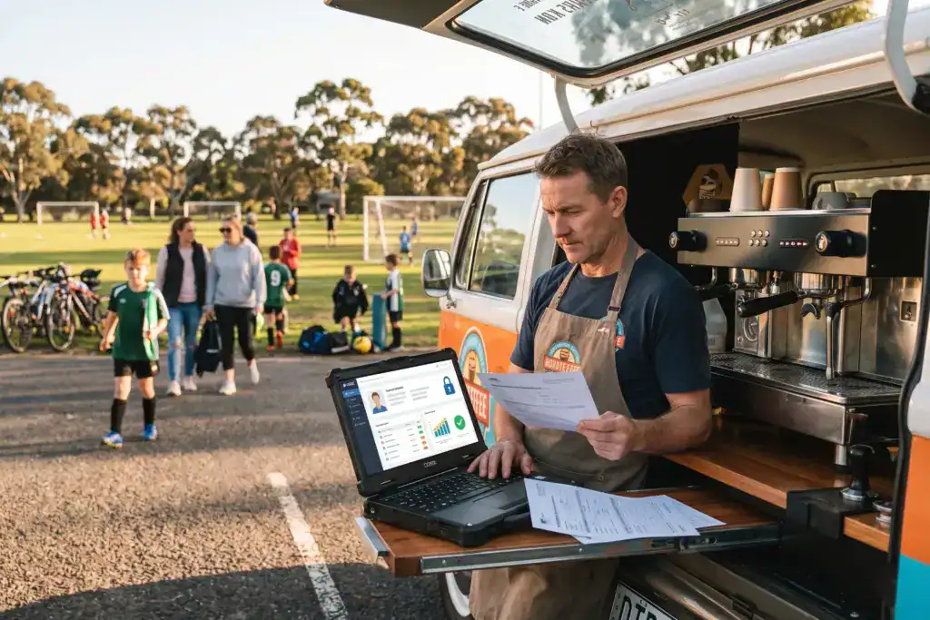 A man stands beside a mobile coffee van near a suburban sports ground while he reviews online business registration details on a laptop. Warm morning sunlight brightens the realistic Australian community setting and the detailed café equipment.