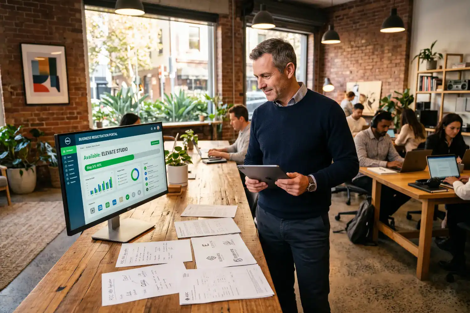 A man stands beside a communal desk in a busy co-working office while he reviews business registration paperwork and branding plans. Warm afternoon light fills the realistic Australian workspace with rich colours and detailed office equipment.