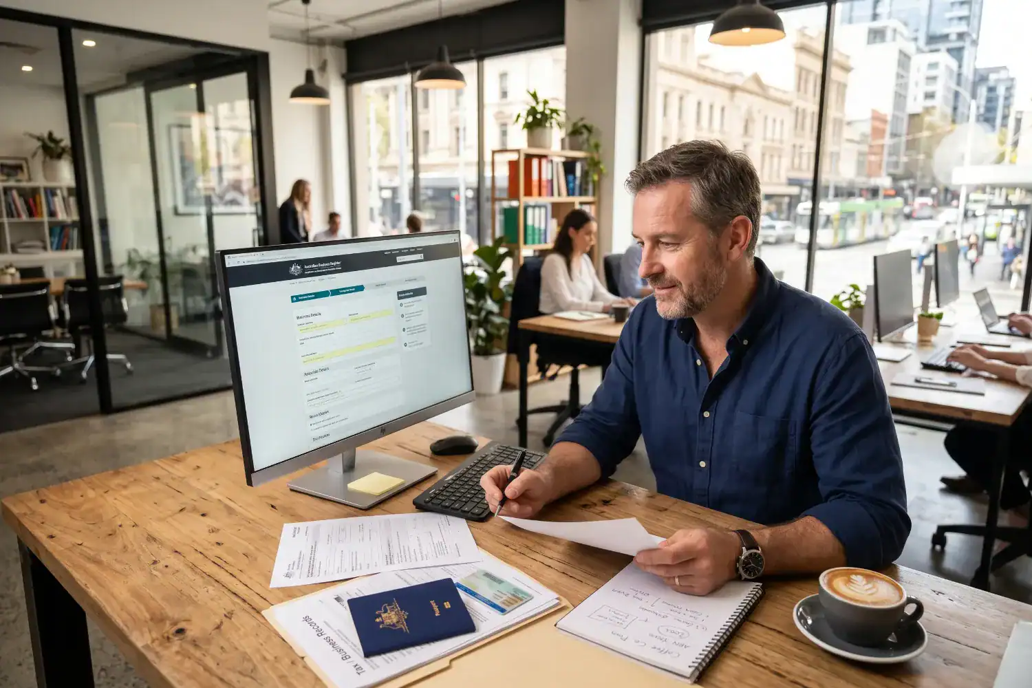 An Australian man reviews paperwork and online registration details from a co-working office desk. He prepares important business documents as he gets ready to register for an ABN.
