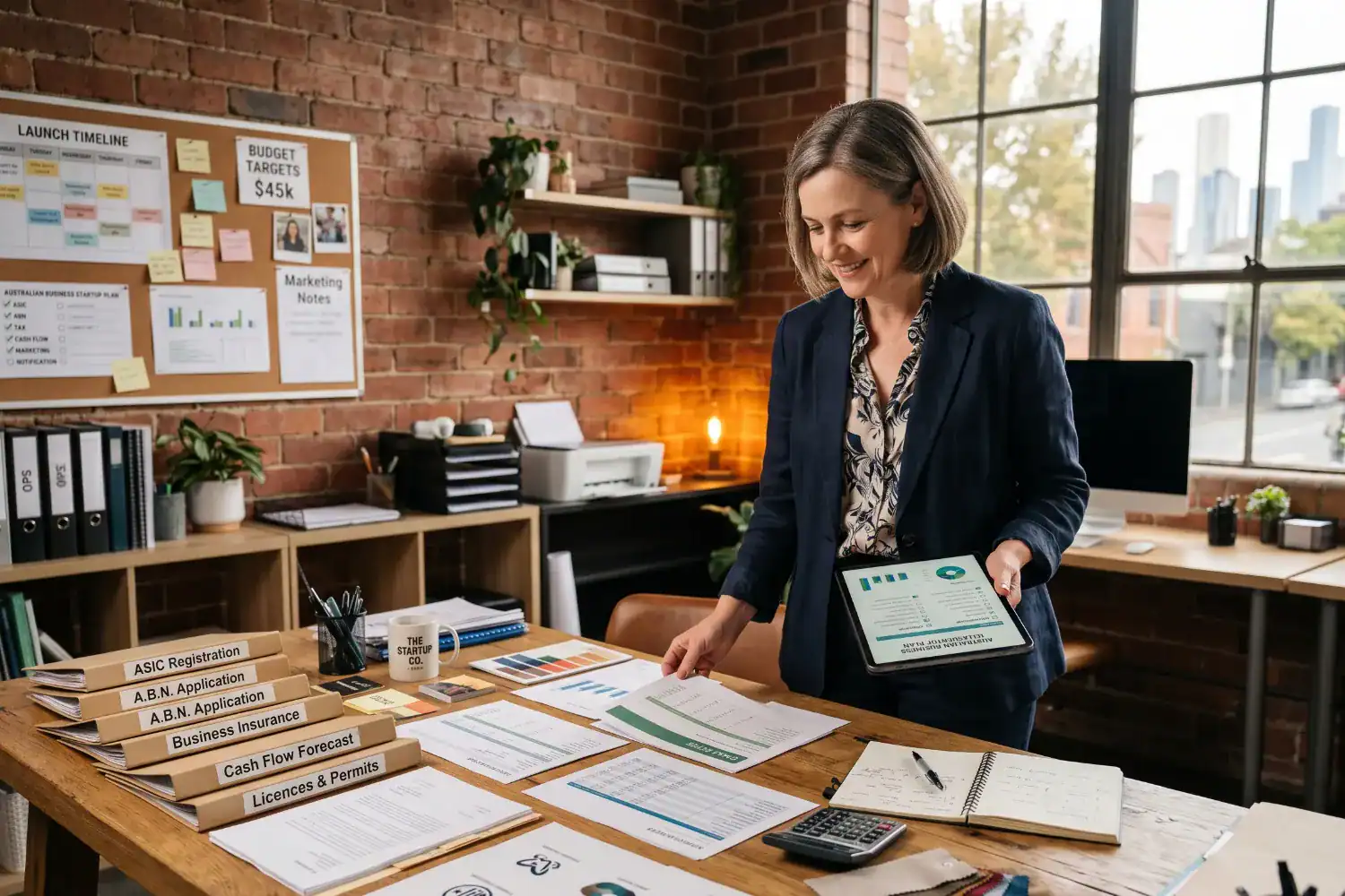 A businesswoman stands beside a table filled with registration documents, business plans, and financial paperwork in a bright office. The image reflects the process to start a business australia with careful planning and realistic detail.