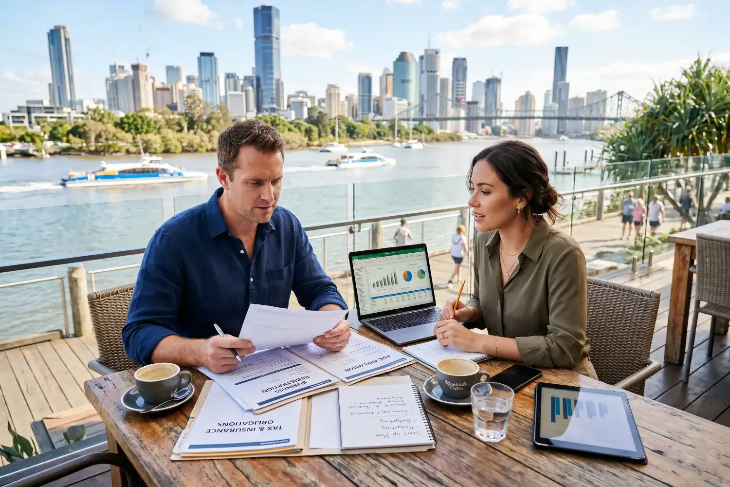 A man and a woman organise startup paperwork beside the Brisbane River while they discuss finances and registrations. The scene illustrates how to start a small business in australia with realistic planning and collaboration.