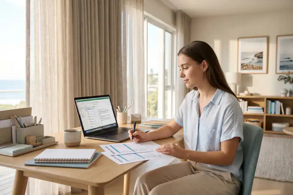 A freelance writer reviews personal savings and business records in a bright coastal home office. Her desk holds writing notes, invoices, and realistic work equipment beside large sunlit windows.