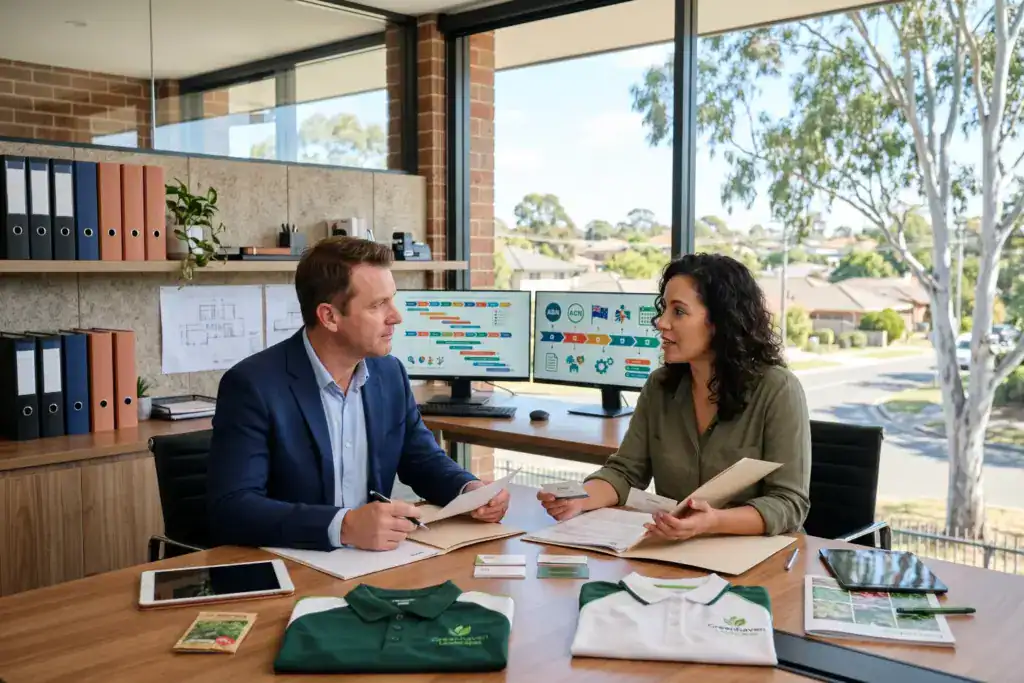 A man and woman discuss registration paperwork and business structure diagrams inside a modern office meeting room. The scene shows how to register a business name in australia with realistic corporate details and bright Australian daylight.
