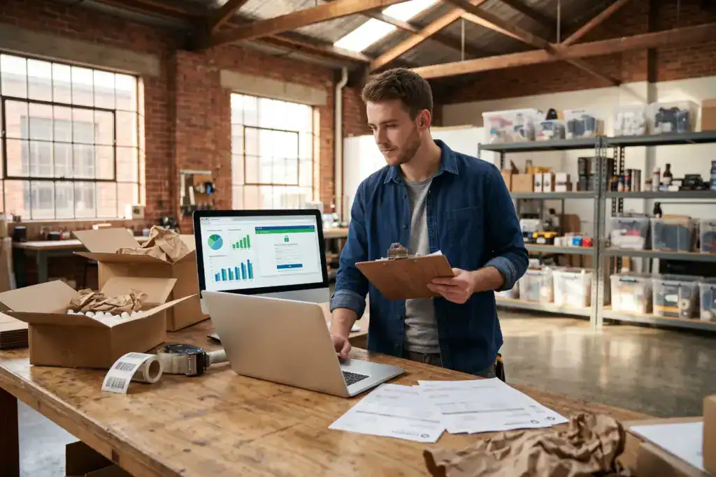 An Australian man checks invoices and shipping paperwork inside a creative warehouse studio. He reviews important financial records before expanding his small business operations.
