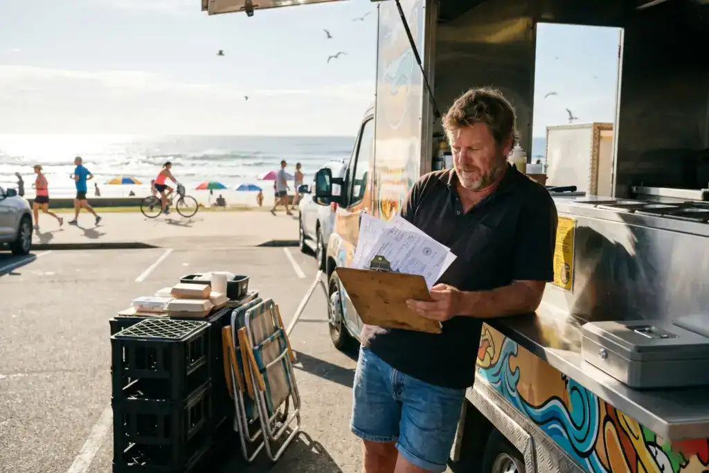 A man checks business permits beside a food truck near the Gold Coast beachfront before opening for customers. The image reflects how to start a small business in australia with realistic licensing preparation in a coastal setting.