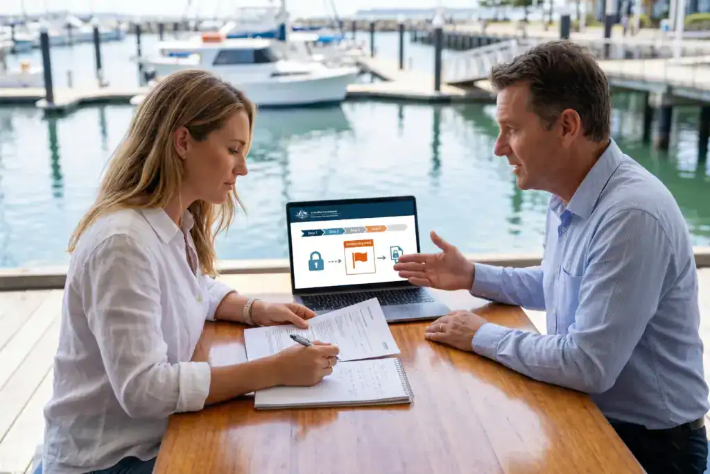 An Australian woman reviews business paperwork with an adviser at a marina café beside the water. She discusses the next steps after her application goes through additional checks.