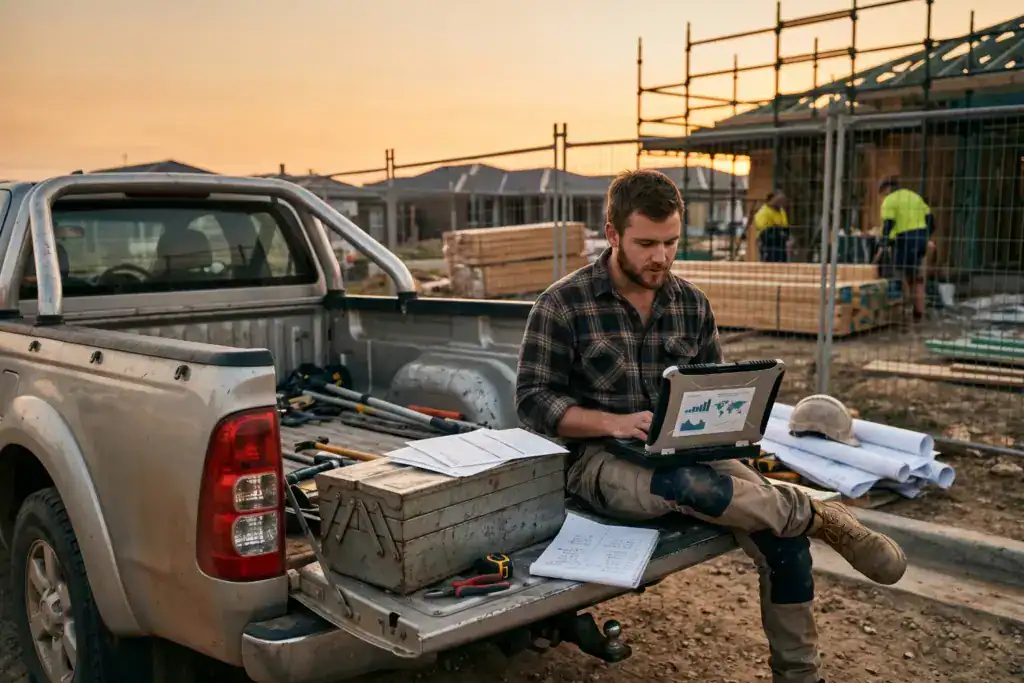 A tradesman sits beside a utility vehicle at a construction site with paperwork, forecasts, and business documents around him. The realistic outdoor setting shows the planning required before starting an independent contracting business.
