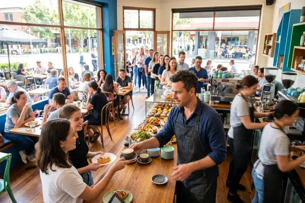 A male café owner serves customers during a packed lunch rush inside a busy café. The image represents a business with growing turnover that should carefully evaluate whether to cancel gst registration.