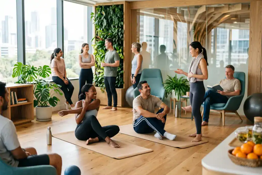 Employees spend time in a bright wellness space designed to support health and balance during the workday. The atmosphere feels positive, relaxed, and supportive.