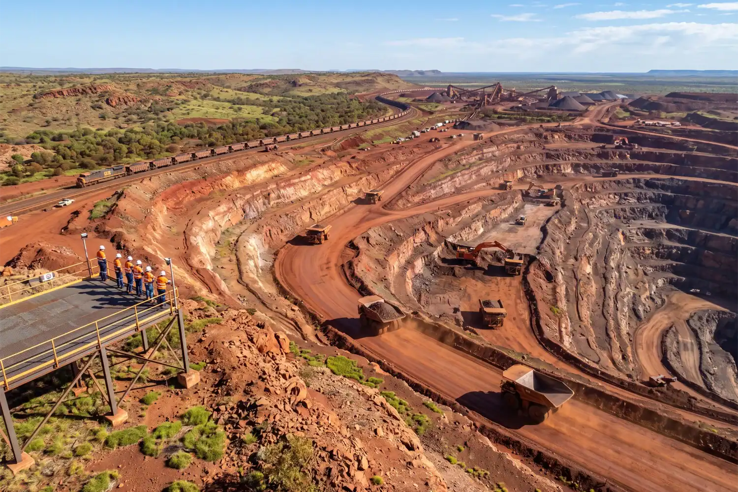A large Australian iron ore mine stretches across the landscape with trucks, excavators and distant workers. The scene highlights the scale of the mining industry under bright daylight.
