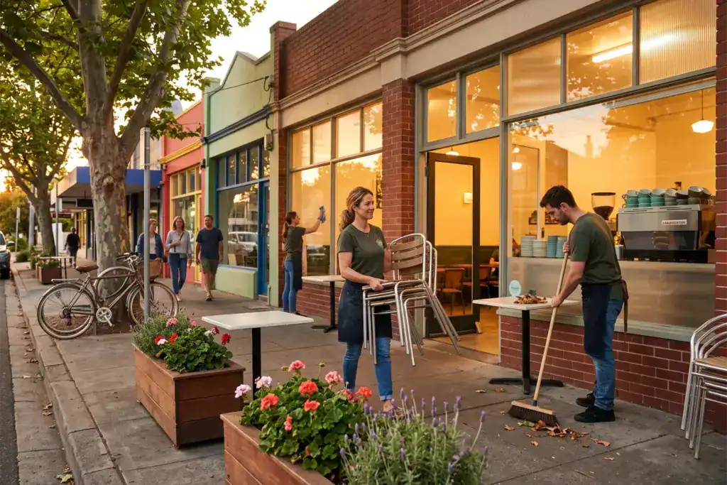 A woman closes a neighbourhood café while a man tidies the outdoor seating after business hours. The peaceful evening scene captures the routine of running a small Australian business.