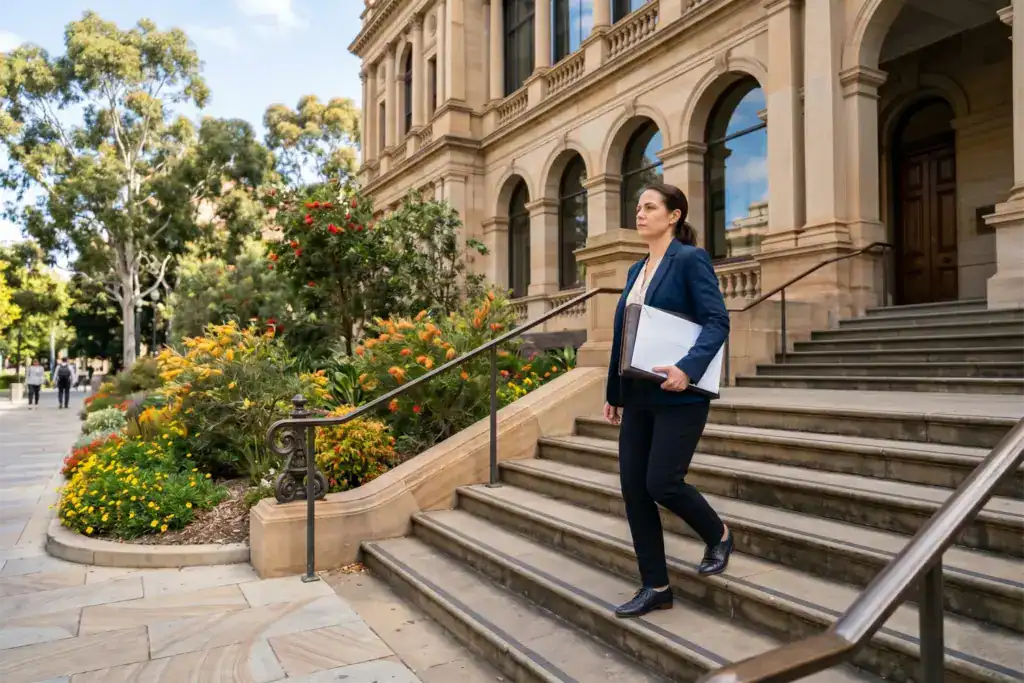 A woman carries a document folder and a sealed envelope as she approaches an administrative building. The scene features stone architecture, colourful gardens, and bright morning sunshine.