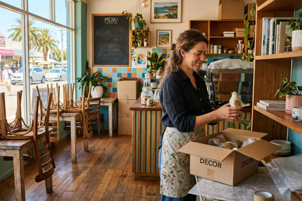 A woman stands inside a quiet café as she prepares the business for its next stage. The image represents a business owner considering whether to cancel gst registration after turnover falls below the required threshold.