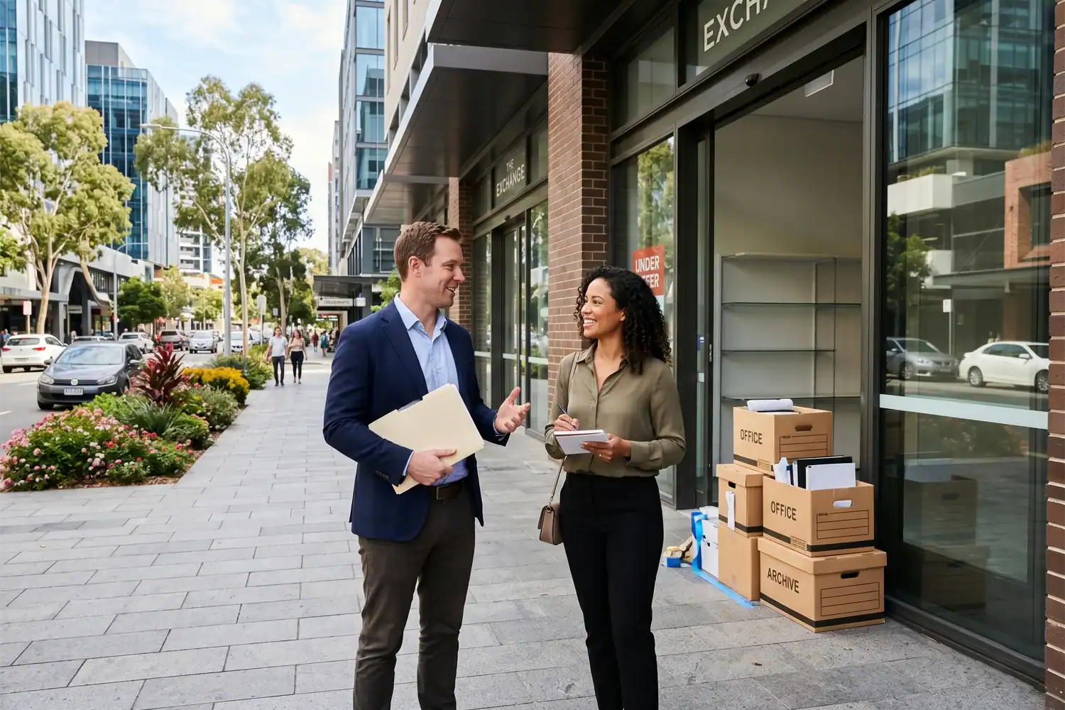 A man and a woman stand outside a commercial property that appears ready for business transition. The image represents business owners preparing to cancel gst registration after major changes to their operations.