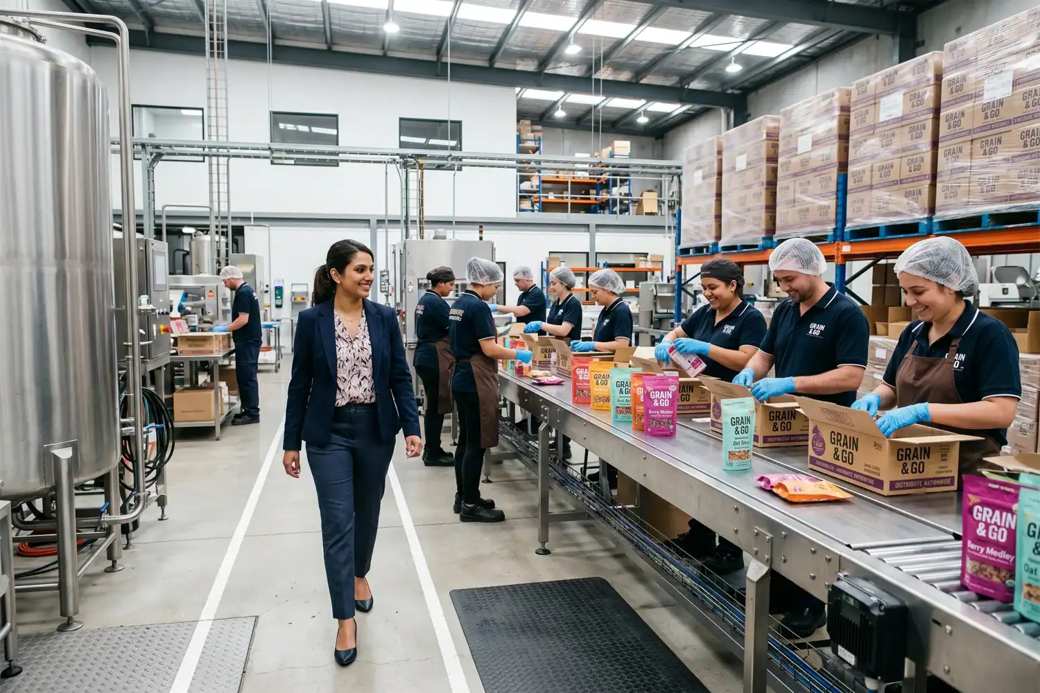 A woman entrepreneur walks through a thriving food production facility while employees prepare snack products. Bright packaging, organised workspaces, and a sense of growth fill the scene.
