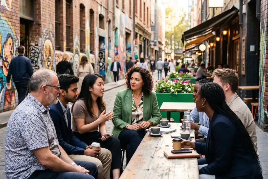 A woman entrepreneur speaks with a group of business owners at an outdoor café in Melbourne. The image captures the mentoring spirit linked to Carolyn Creswell and her reputation for helping others grow their confidence.