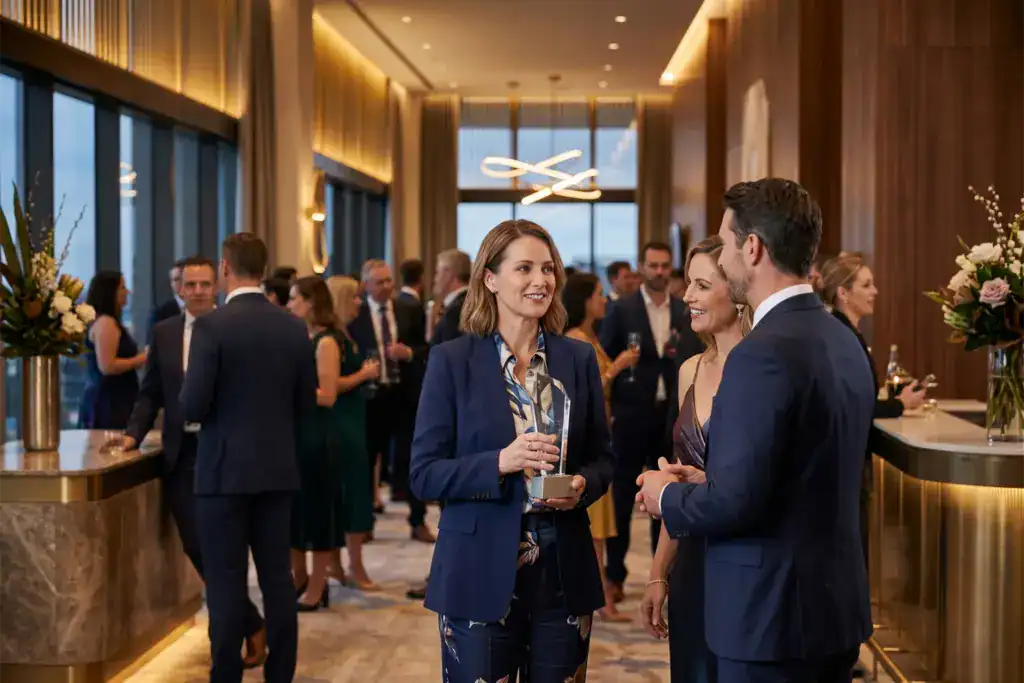 A woman entrepreneur attends a prestigious business awards event among fellow professionals. The scene celebrates achievement, leadership, and recognition within the Australian business community.
