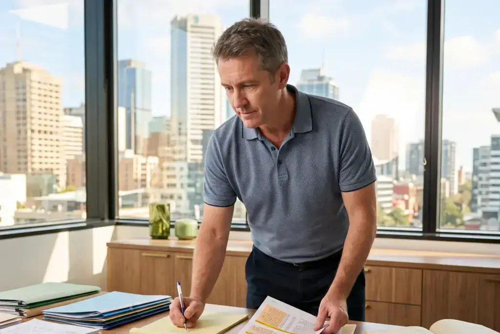 A man studies printed business documents at a timber desk with receipts, folders, and financial papers spread around him. The image reflects careful planning after the federal budget australia changes.