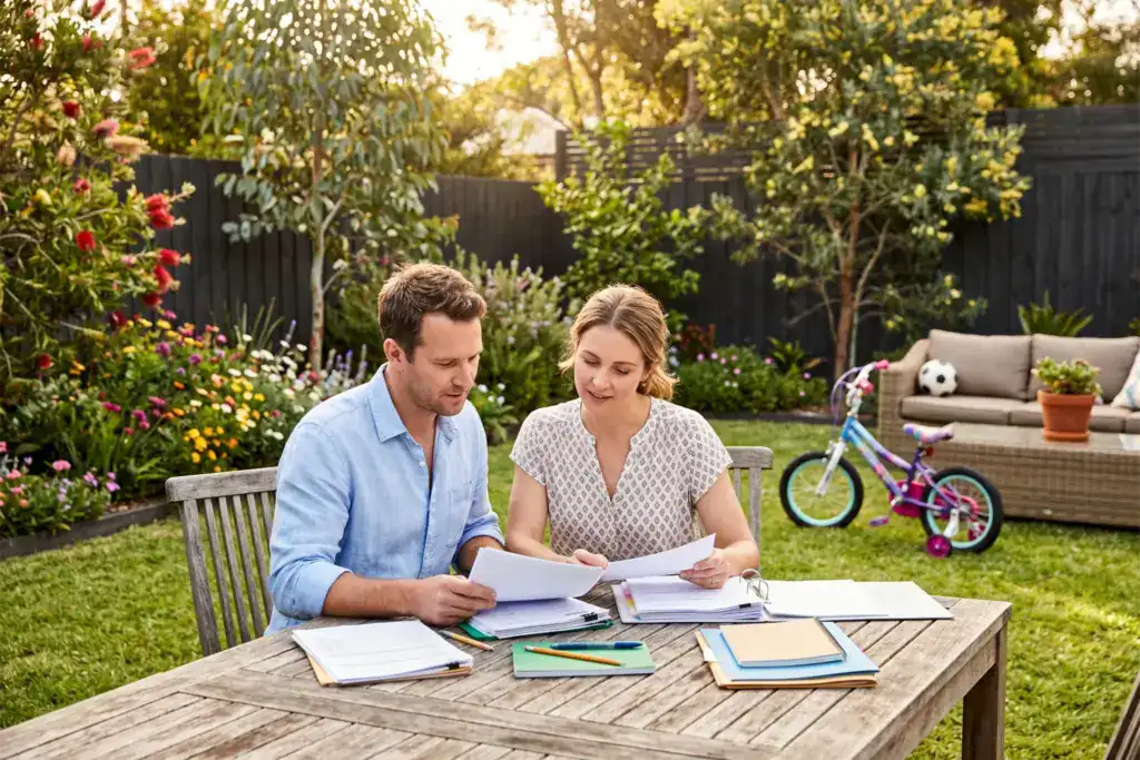 A man and a woman sit at an outdoor table with organised paperwork in a sunny backyard. The image reflects the practical financial habits often discussed in advice associated with Mark Bouris.