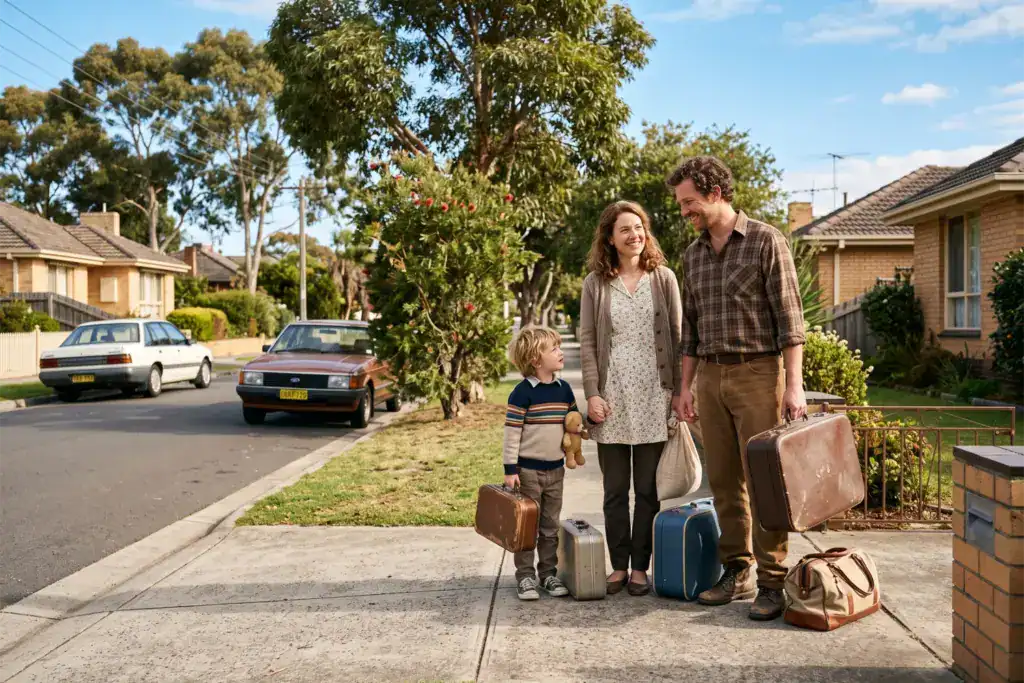 A man, a woman, and their young son stand on a suburban street in Melbourne with a few suitcases. The neighbourhood has brick houses, colourful gardens, and tall eucalyptus trees beneath a clear sky.