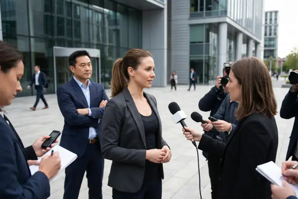 A woman responds to journalists during a press interview outside a media building while a man stands nearby offering support. The scene reflects public scrutiny and professional composure.