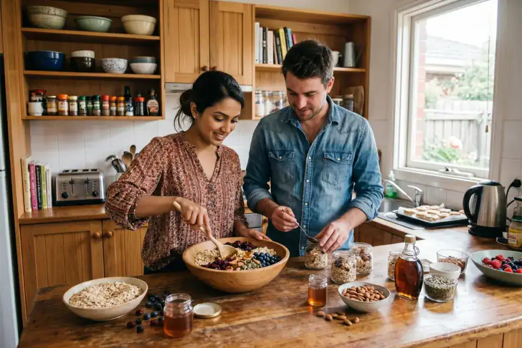 A young woman and a young man prepare early recipe batches in a warm Melbourne kitchen filled with colourful ingredients. The scene reflects the humble beginnings linked to Carolyn Creswell and a small food business.