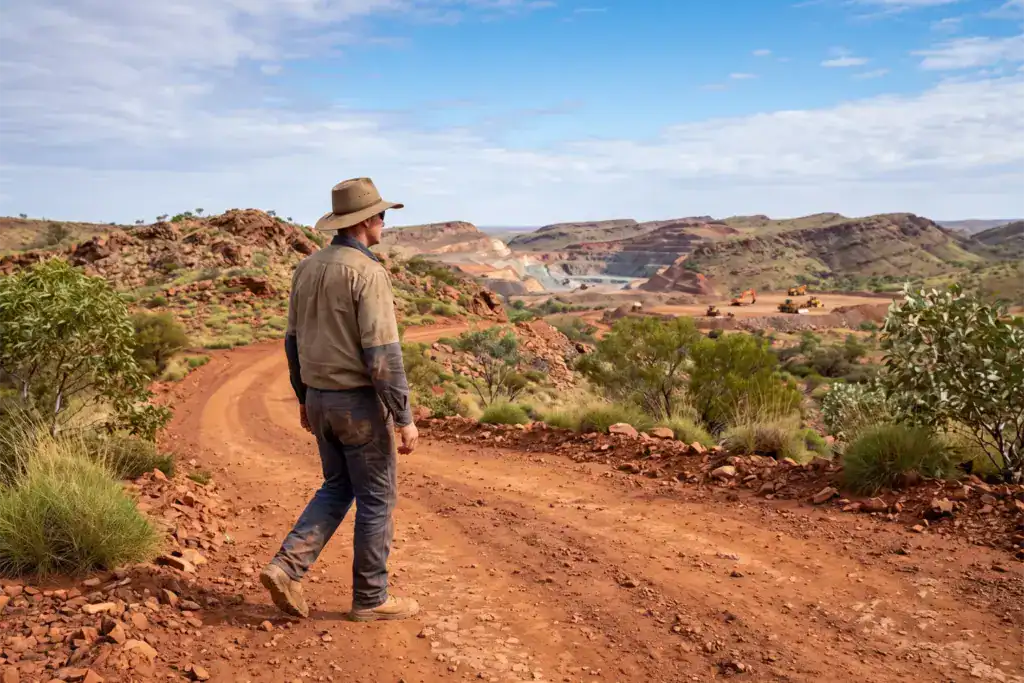 A man walks across a rugged Australian mining landscape with distant excavation work on the horizon. The scene reflects determination after a difficult business setback.