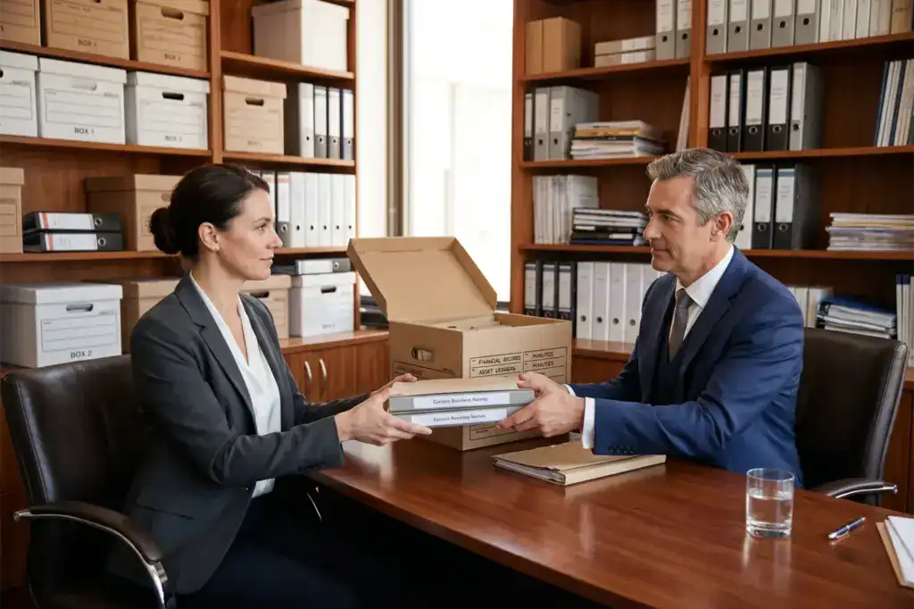 A man director hands business records to a woman liquidator in a professional office. The scene shows voluntary liquidation after control of company affairs passes to the liquidator.