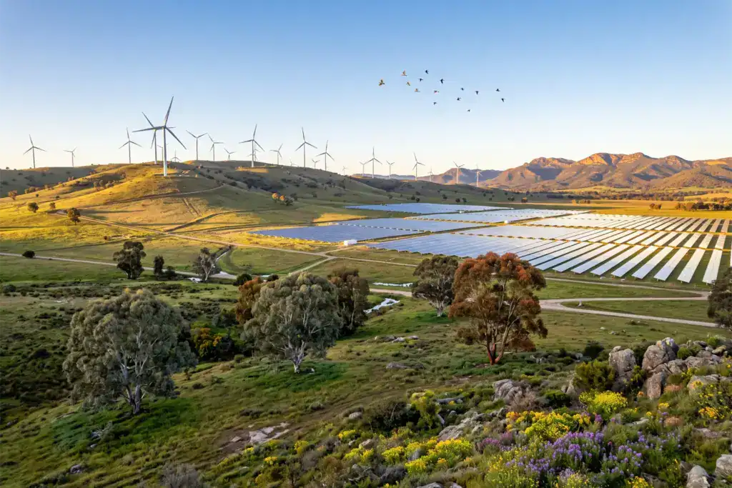 A wide renewable energy site stretches across the Australian countryside with wind turbines and solar panels beneath bright skies. The landscape highlights large-scale clean energy infrastructure.