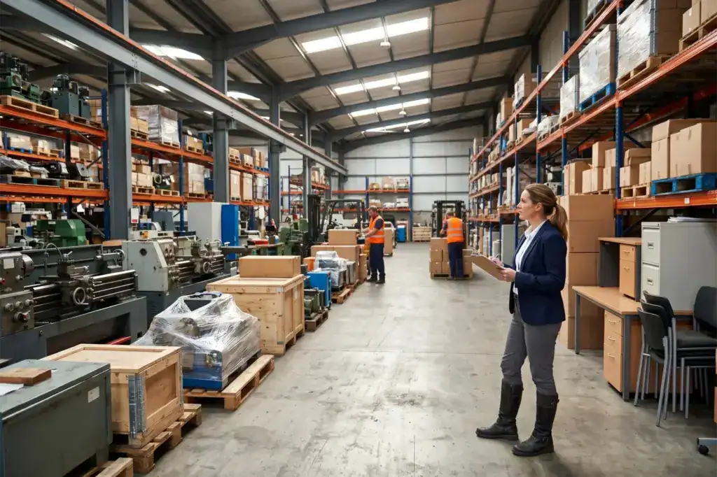 A woman insolvency practitioner inspects company assets inside a large warehouse. Rows of equipment and inventory show the work that continues during the liquidation process.