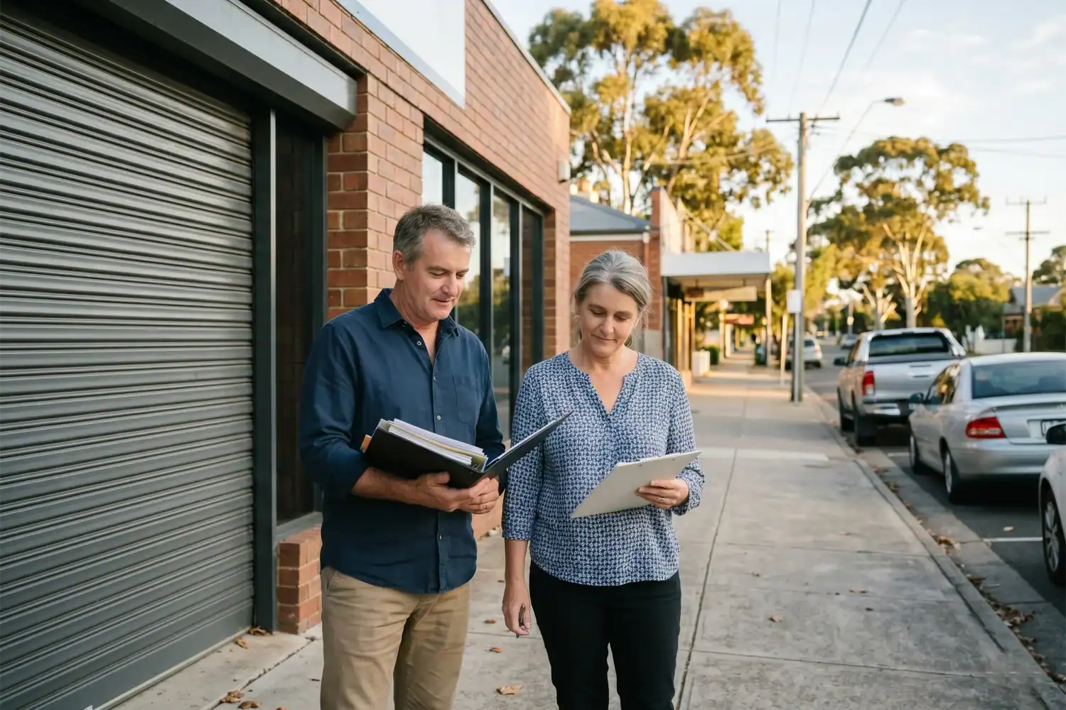 A man and a woman stand outside a closed Australian business with folders and a checklist after voluntary deregistration. The street looks quiet and organised, with warm light across the shopfront and pavement.
