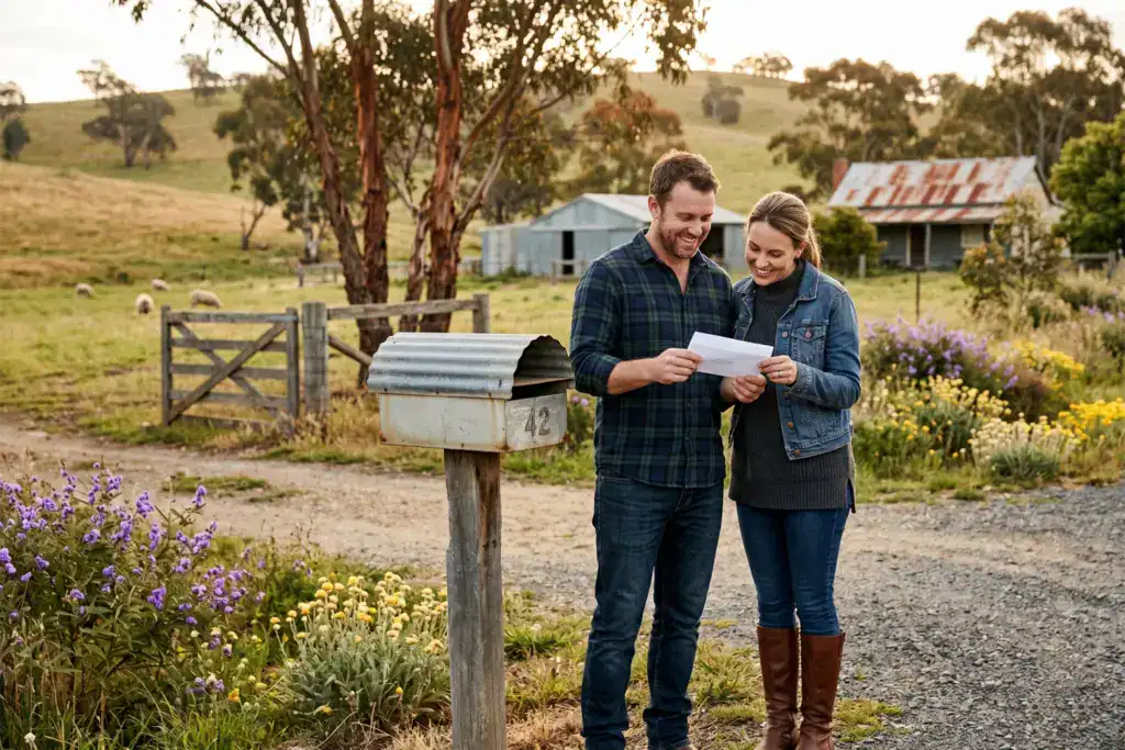 A man and a woman stand near a rural mailbox after receiving an important official letter. The image represents receiving confirmation that a GST registration request has been processed and completed.