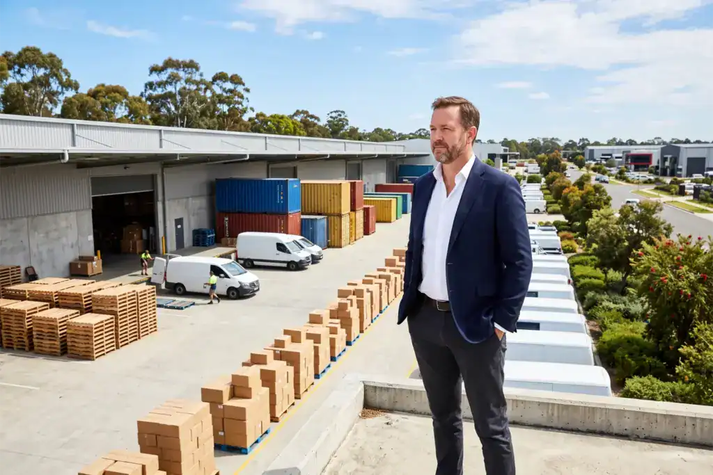 A businessman stands beside a modern logistics centre with organised parcels, delivery vehicles, and colourful freight containers.