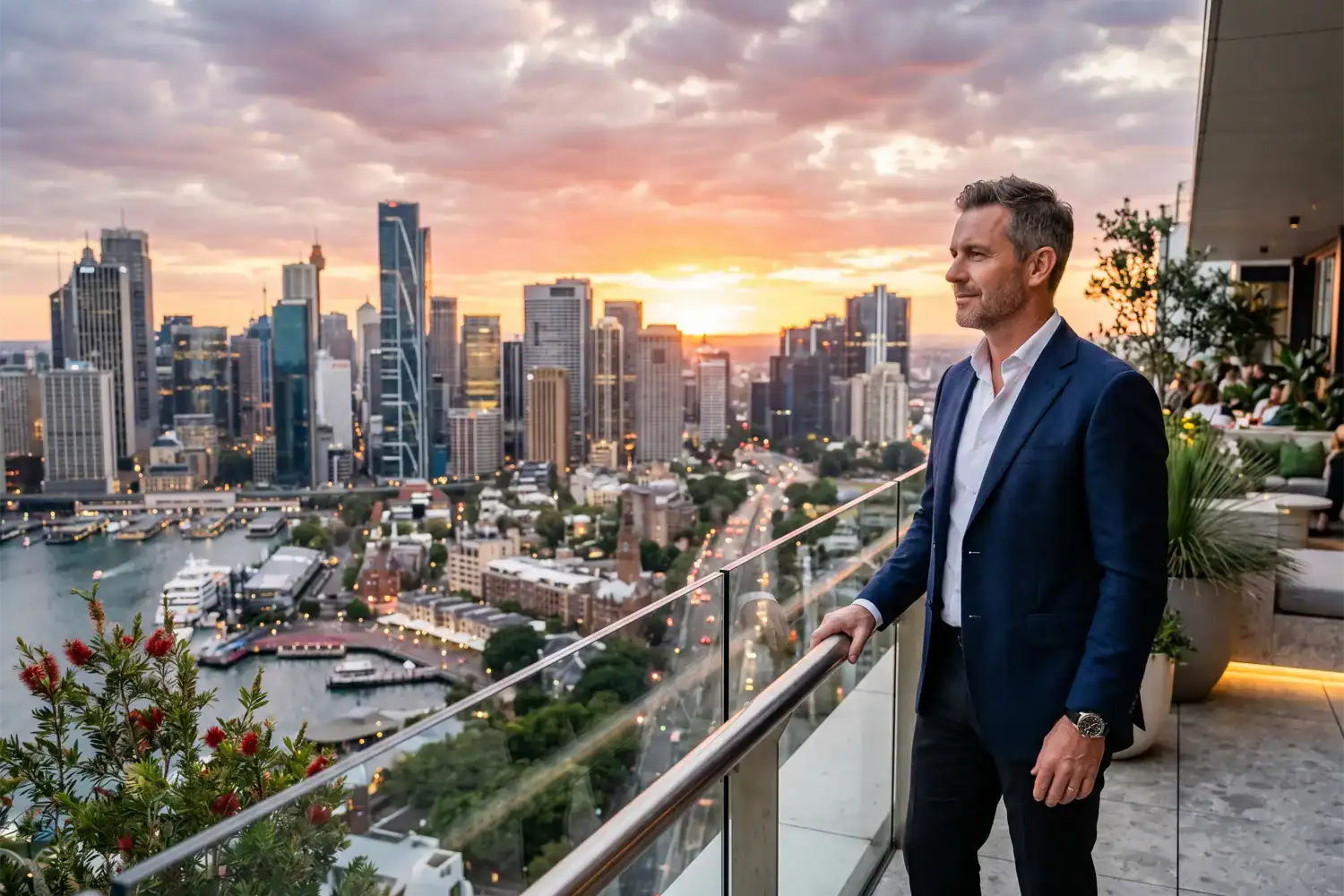 A successful entrepreneur stands above a city skyline during a colourful sunset. The photograph captures a sense of achievement and long-term business success.